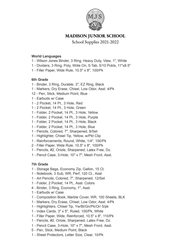 MJS School Supply Lists 2021-2022